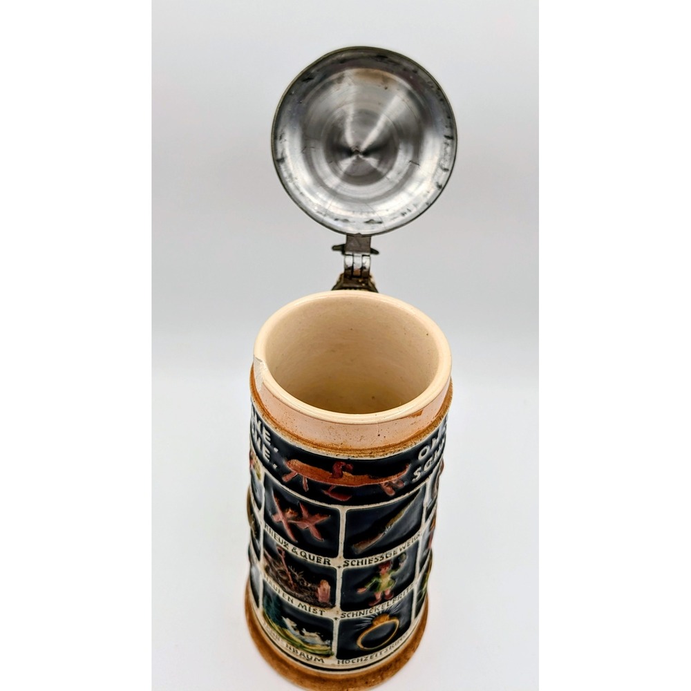 Vintage German Schnitzelbank Beer Stein Lidded Stoneware Mug Relief Folk Art - Picture 9 of 13